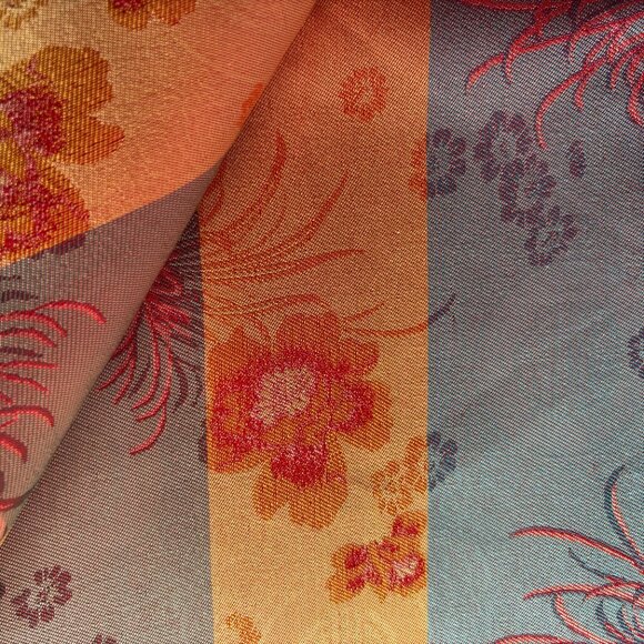 Red Gold Blue Chinese Satin Floral Brocade Fabric 44 x 359 Over 8 Yards - Picture 8 of 9